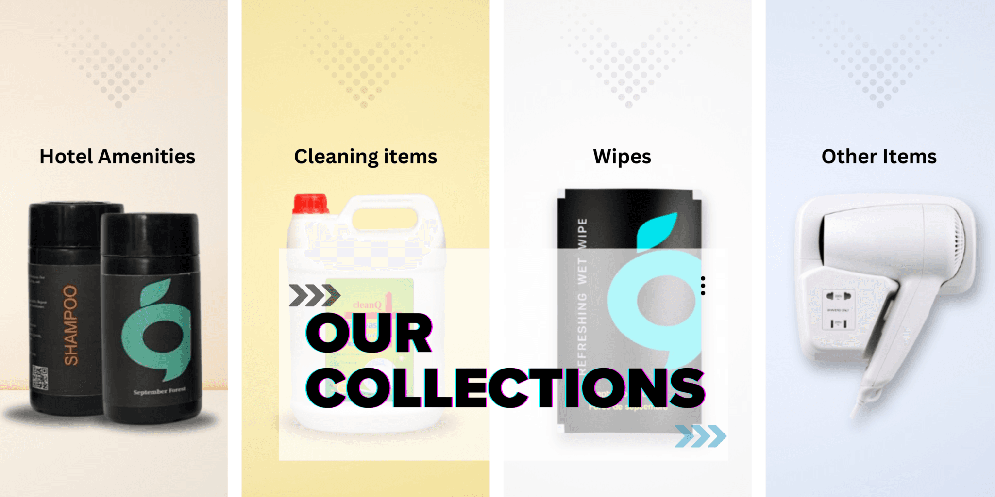 A complete collection of hotel amenities, toiletries, soaps, shampoos, cleaning liquids, sanitizers, wet wipes, and other hospitality essentials for hotels and resorts.