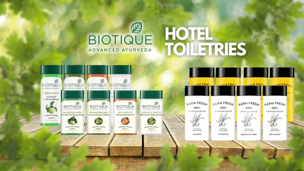 Biotique regular hotel amenities including shampoo, conditioner, shower gel, and body lotion in green packaging