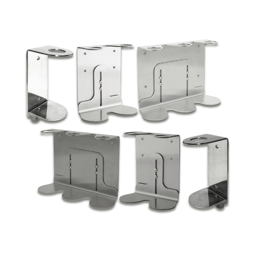 Durable and elegant Biotique bracket stands for hotel toiletries and dispensers.