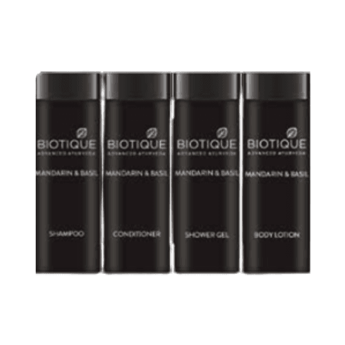 Luxurious Biotique Mandarin & Basil hotel toiletries infused with natural botanicals.