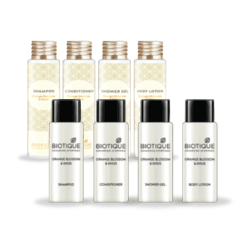 Luxurious Biotique Orange Blossom & Khus hotel toiletries with natural botanical extracts.
