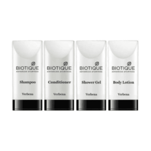 Luxurious Biotique Verbena hotel toiletries kit with refreshing natural extracts.